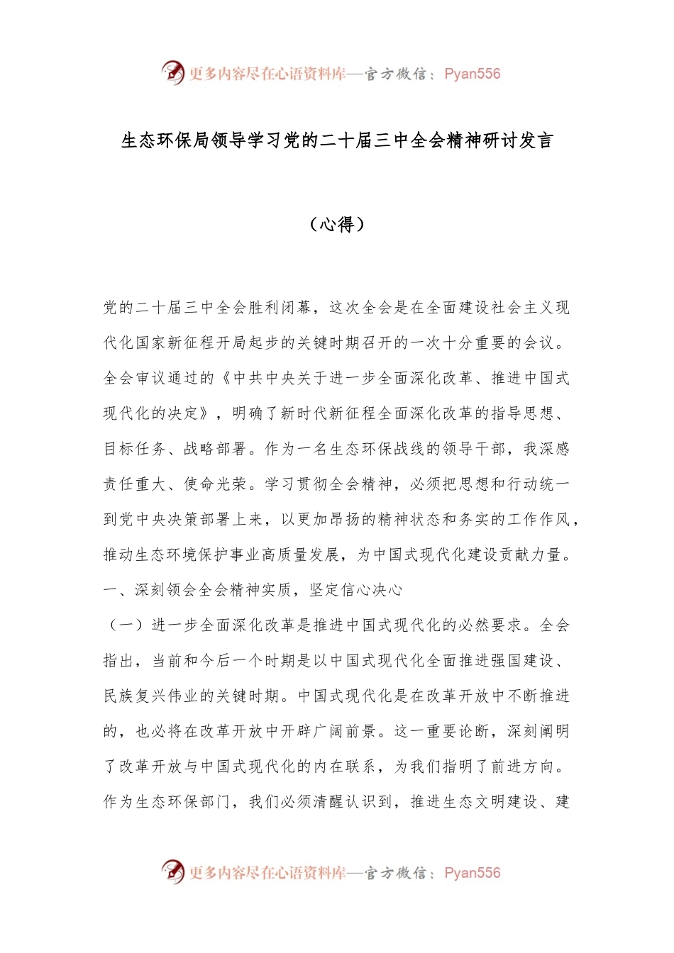 生态环保局领导学习党的二十届三中全会精神研讨发言（心得）.docx_第1页