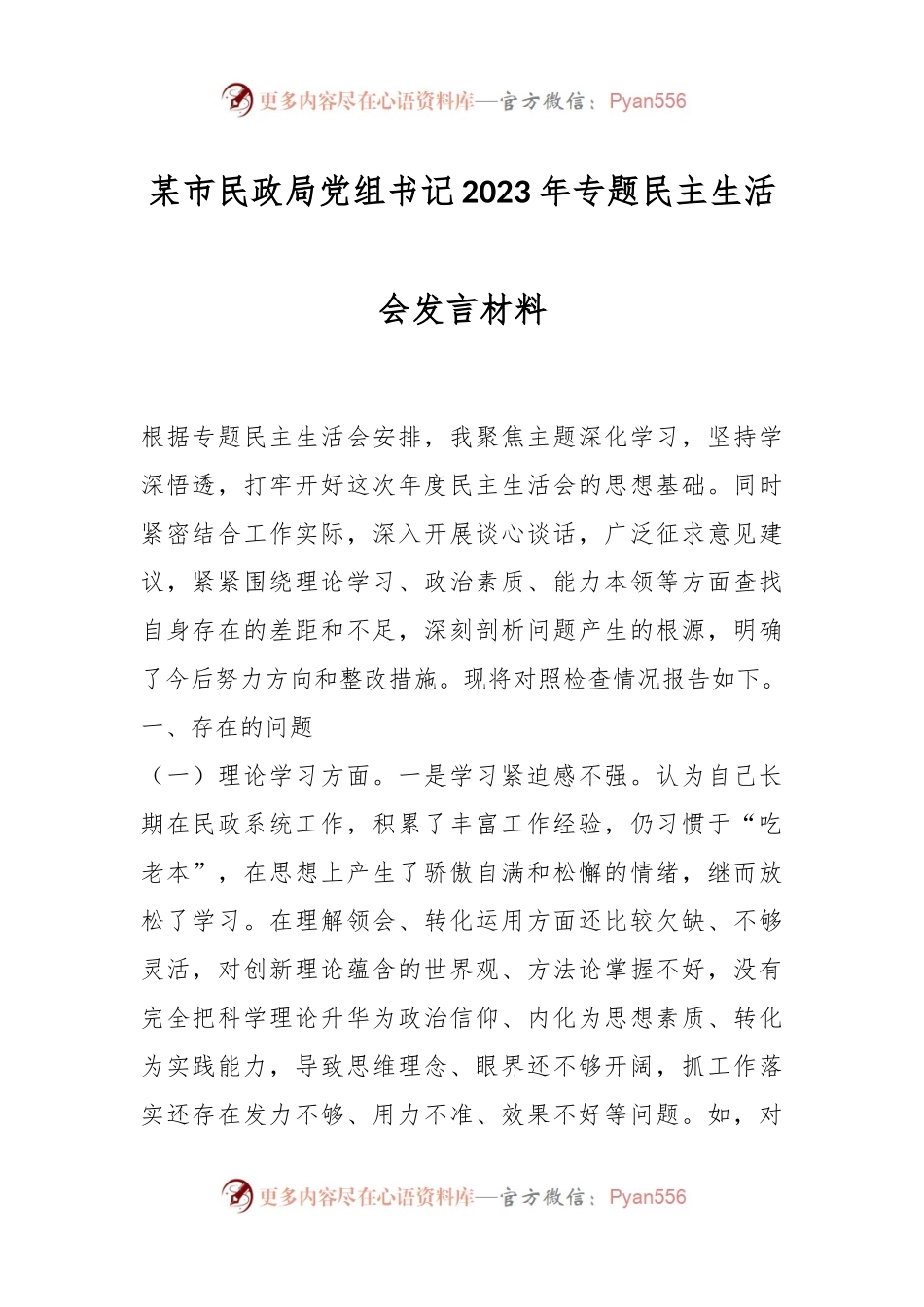 某市民政局党组书记2023年专题民主生活会发言稿材料.docx_第1页