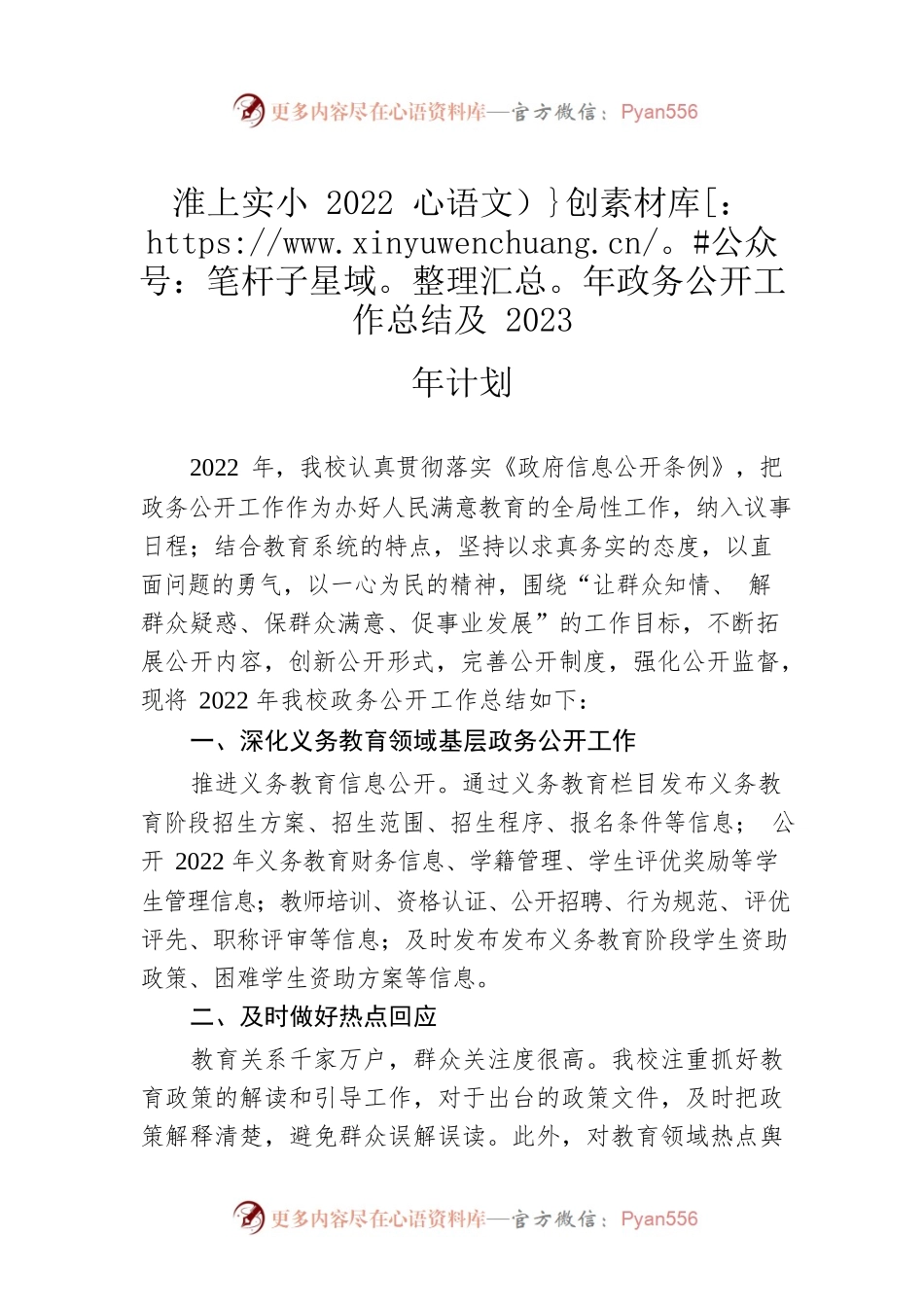 淮上实小2022年政务公开工作总结及2023年计划.docx_第1页