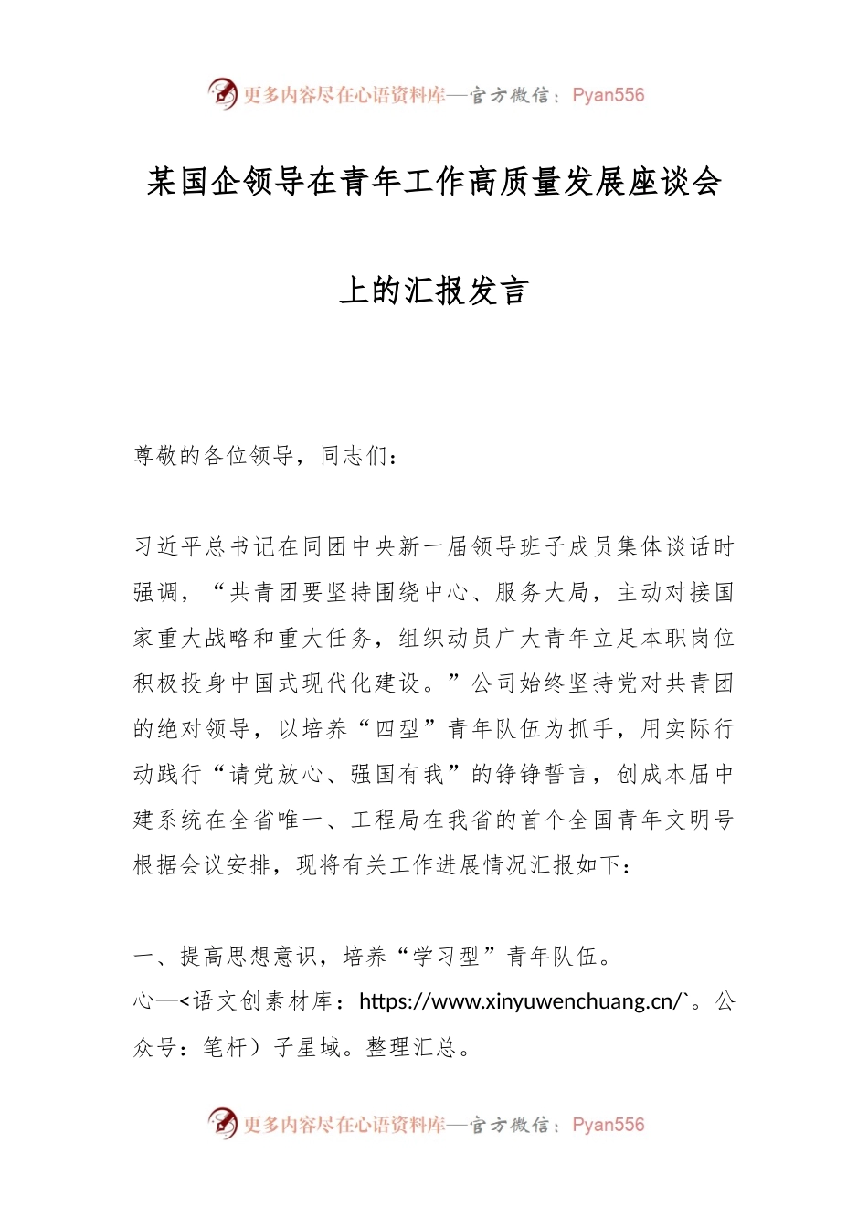 某国企领导在青年工作高质量发展座谈会上的汇报发言.docx_第1页