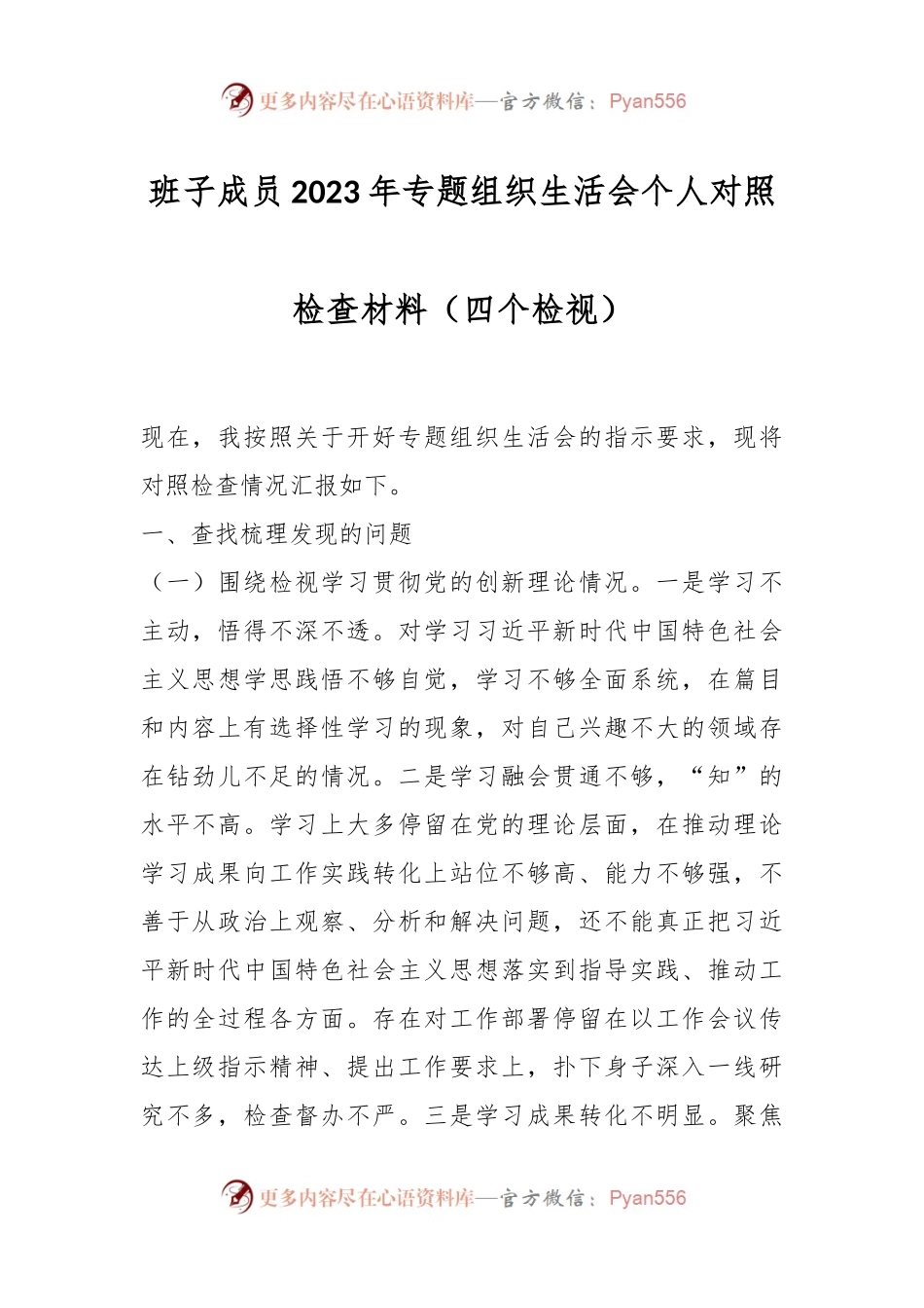 班子成员2023年专题组织生活会个人对照检查材料（四个检视）.docx_第1页