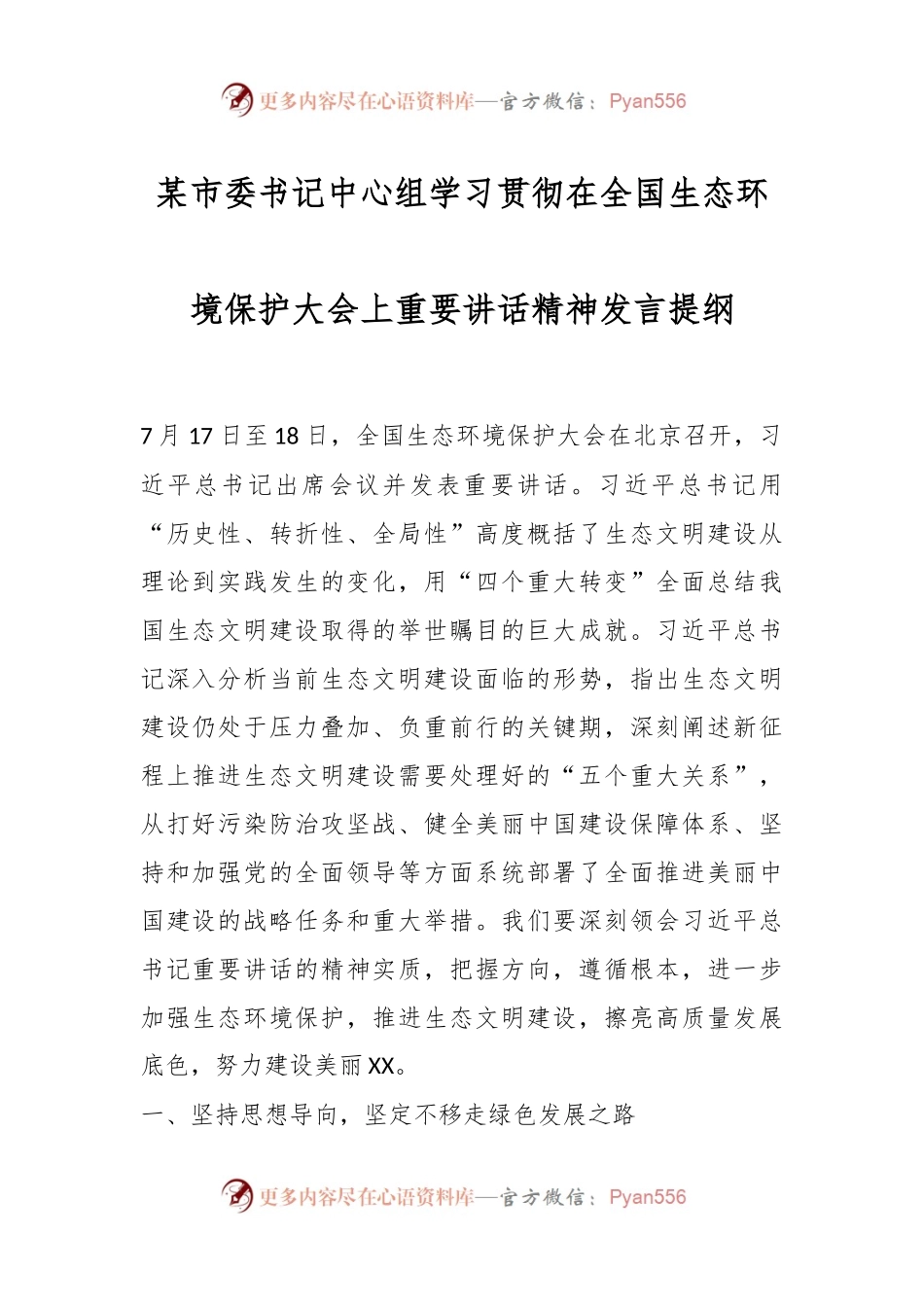 某市委书记中心组学习贯彻在全国生态环境保护大会上重要讲话精神发言提纲.docx_第1页