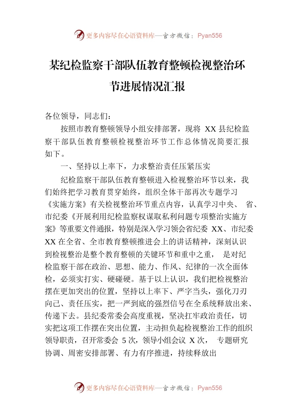 某纪检监察干部队伍教育整顿检视整治环节进展情况汇报.docx_第1页