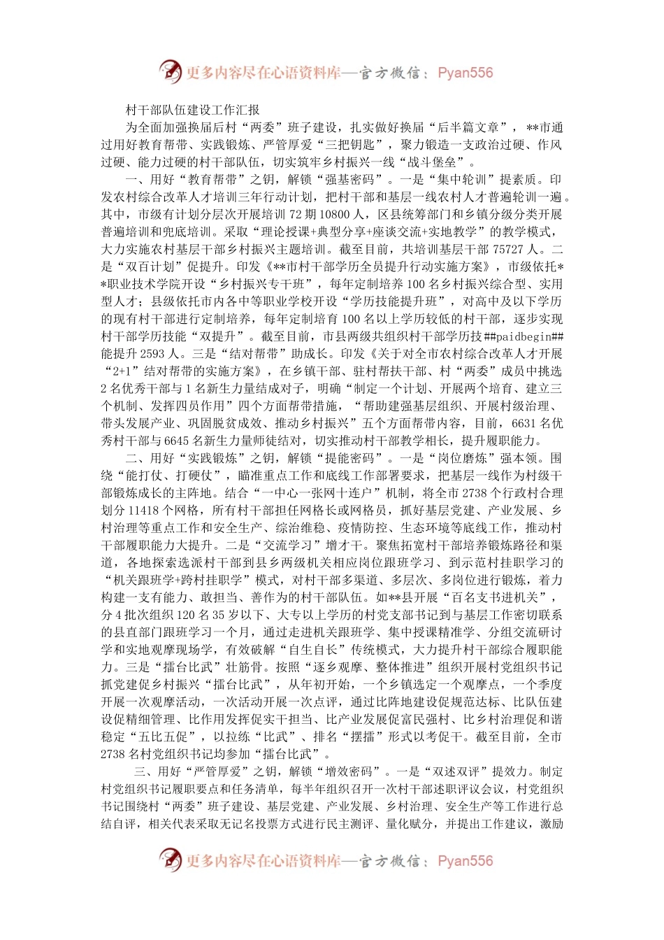 村干部队伍建设工作汇报（三）.docx_第1页