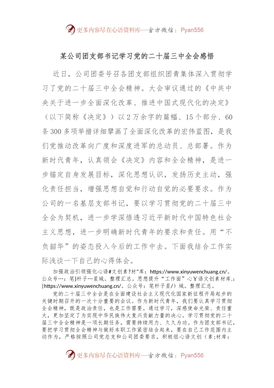 某公司团支部书记学习党的二十届三中全会感悟.docx_第1页