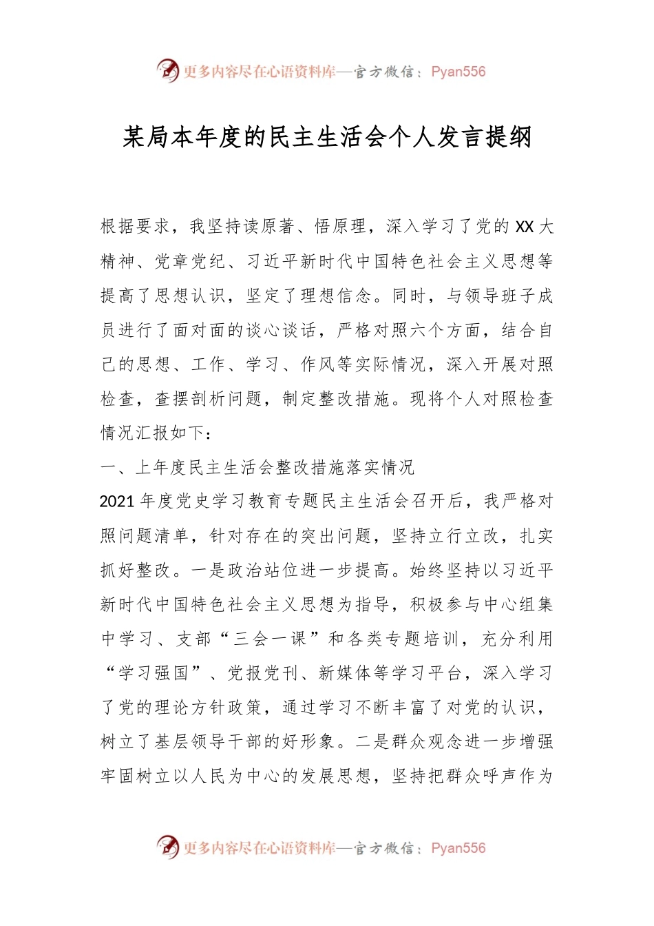 某局本年度的民主生活会个人发言提纲.docx_第1页
