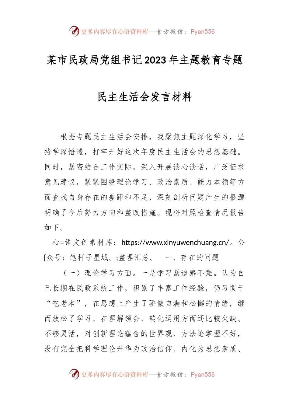 某市民政局党组书记2023年主题教育专题民主生活会发言稿材料.docx_第1页
