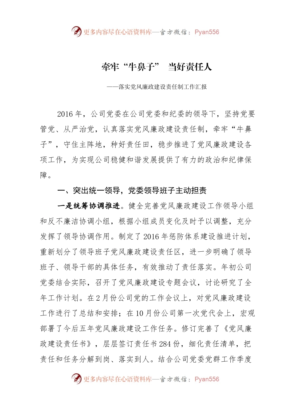 牵牢“牛鼻子，当好责任人—公司落实党风廉政建设责任制工作汇报.docx_第1页