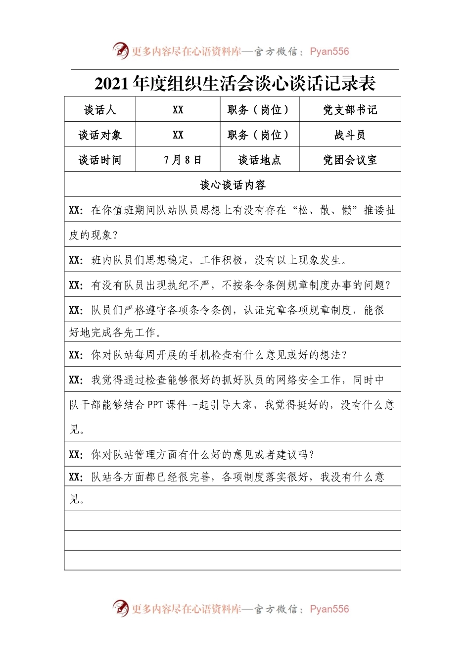 某支部2021年度组织生活会谈心谈话记录表汇编7篇.docx_第2页