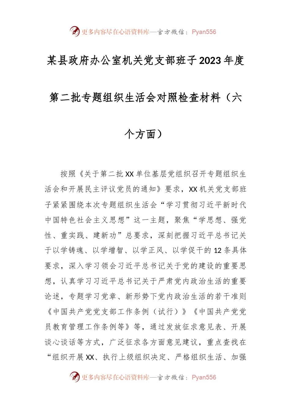 某县政府办公室机关党支部班子2023年度第二批专题组织生活会对照检查材料（六个方面）.docx_第1页