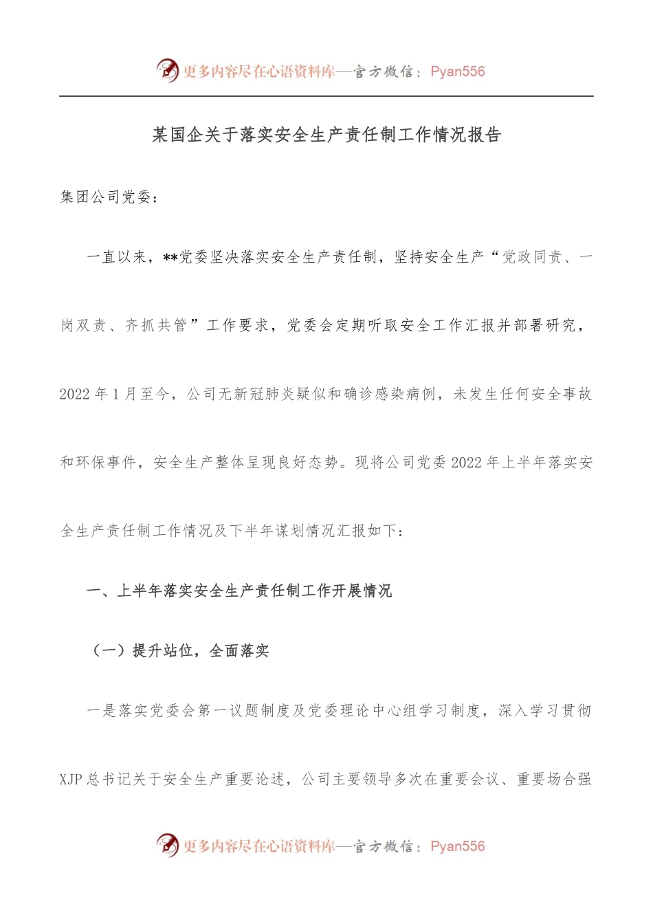 某国企关于落实安全生产责任制工作情况报告.docx_第1页