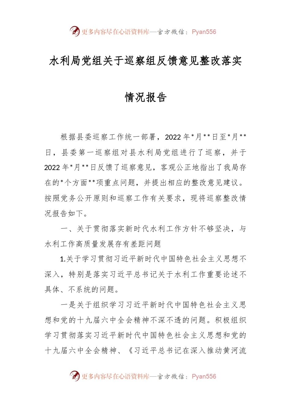 水利局党组关于巡察组反馈意见整改落实情况报告.docx_第1页