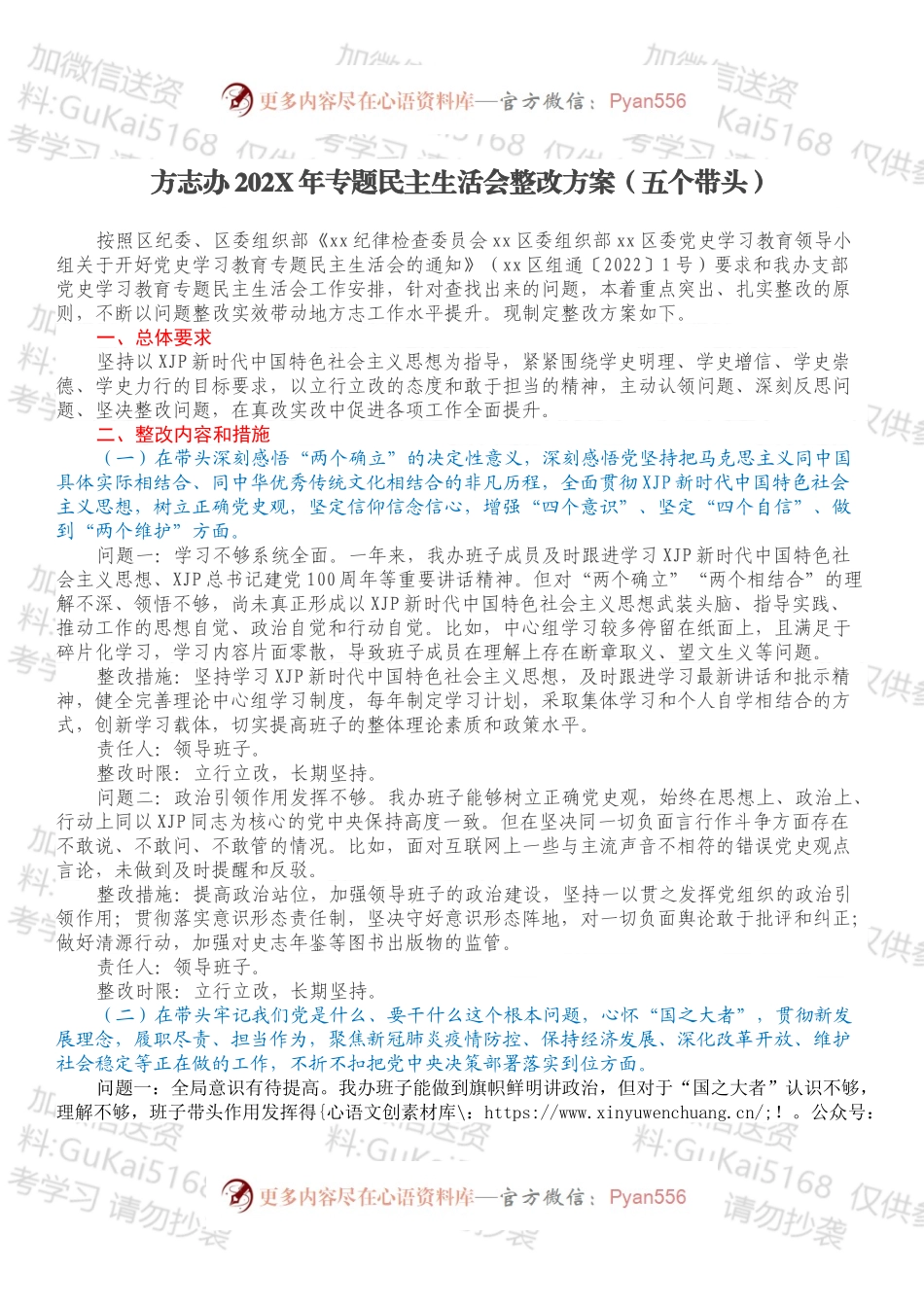 方志办202X年专题民主生活会整改方案（五个带头）.docx_第1页