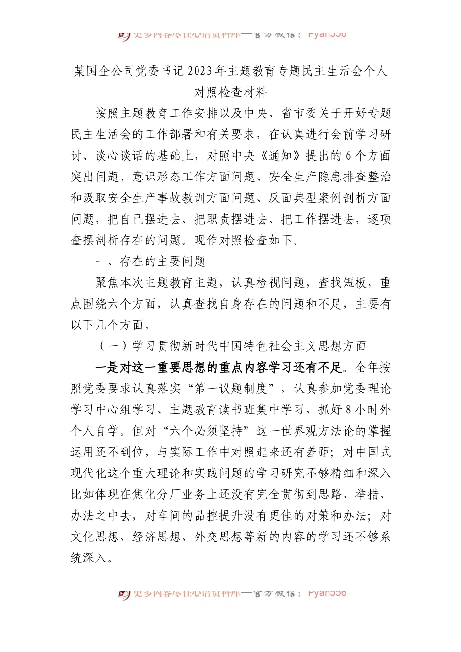 某国企公司党委书记2023年主题教育专题民主生活会个人对照检查材料.docx_第1页