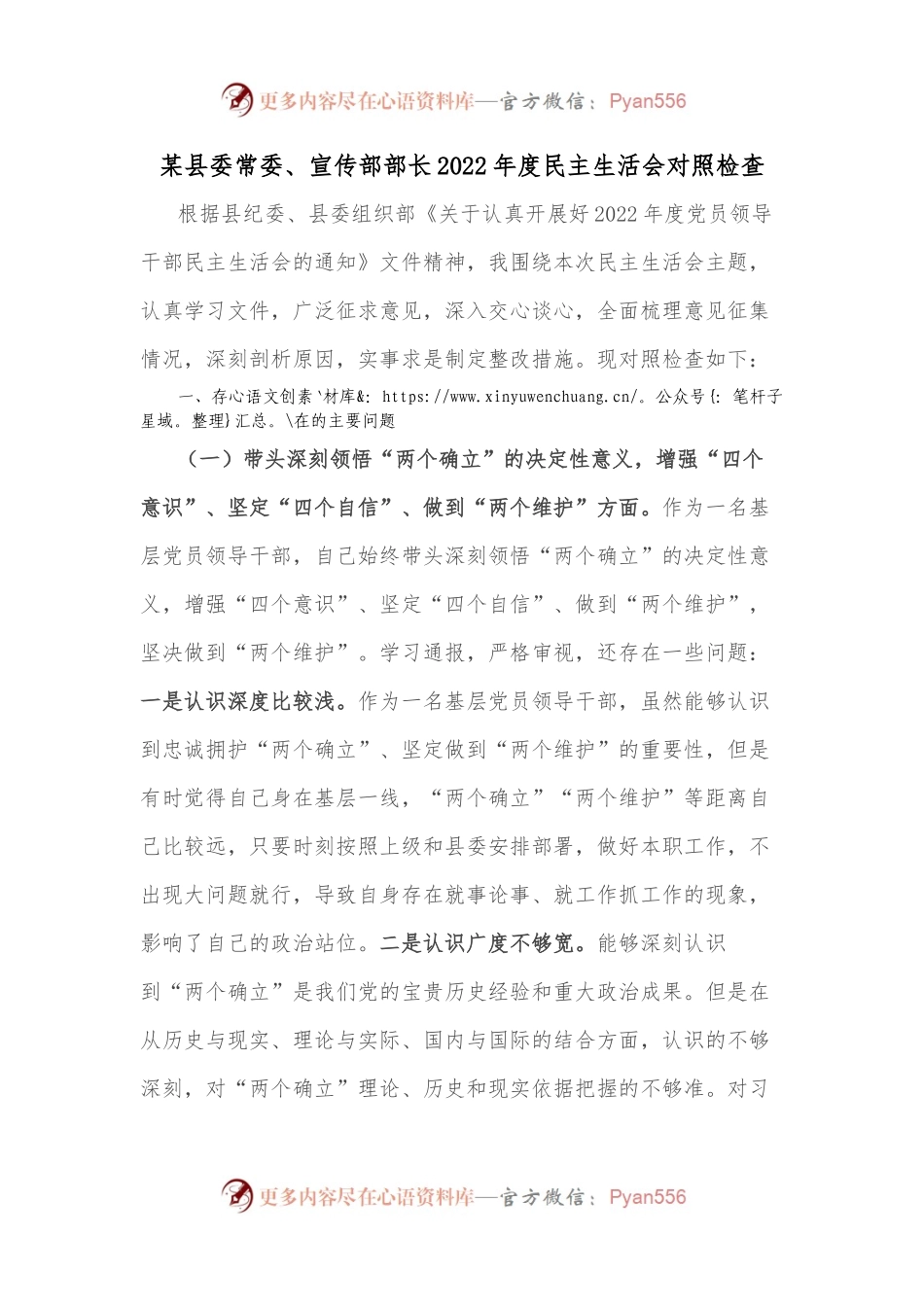 某县委常委、宣传部部长2022年度民主生活会对照检查.docx_第1页