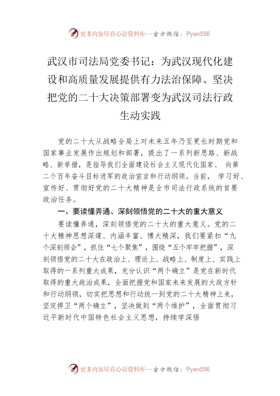 武汉市司法局党委书记：为武汉现代化建设和高质量发展提供有力法治保障、坚决把党的二十大决策部署变为武汉司法行政生动实践（20221125）.docx_第1页