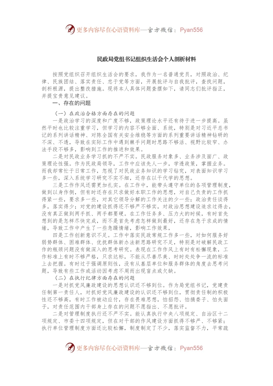 民政局党组书记组织生活会个人剖析材料.docx_第1页