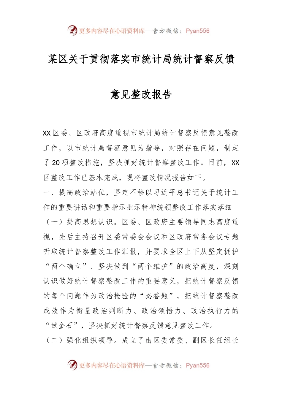 某区关于贯彻落实市统计局统计督察反馈意见整改报告.docx_第1页