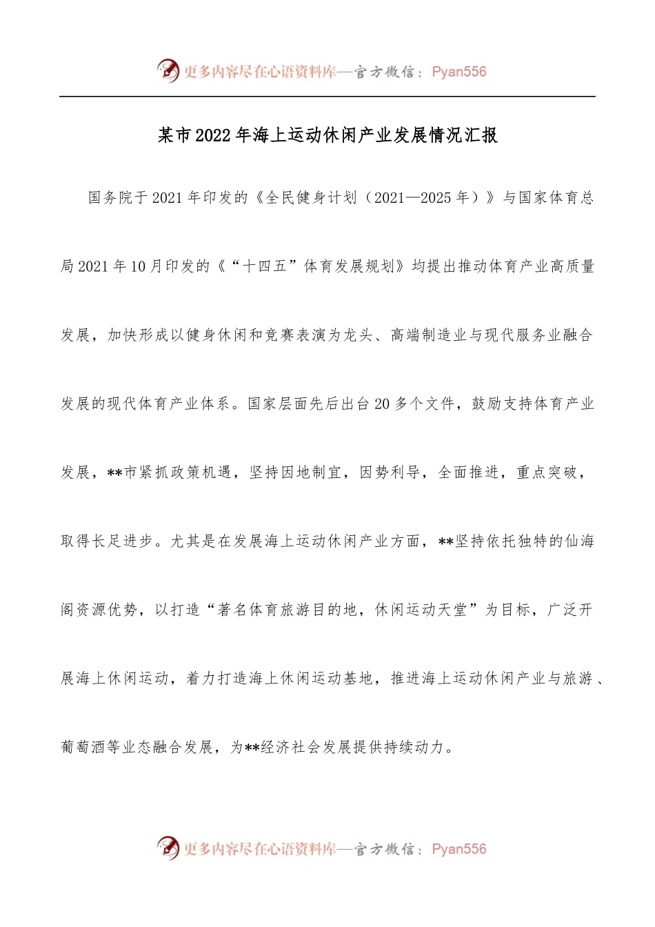 某市2022年海上运动休闲产业发展情况汇报.docx_第1页