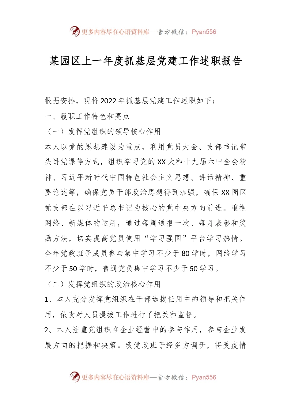某园区上一年度抓基层党建工作述职报告.docx_第1页