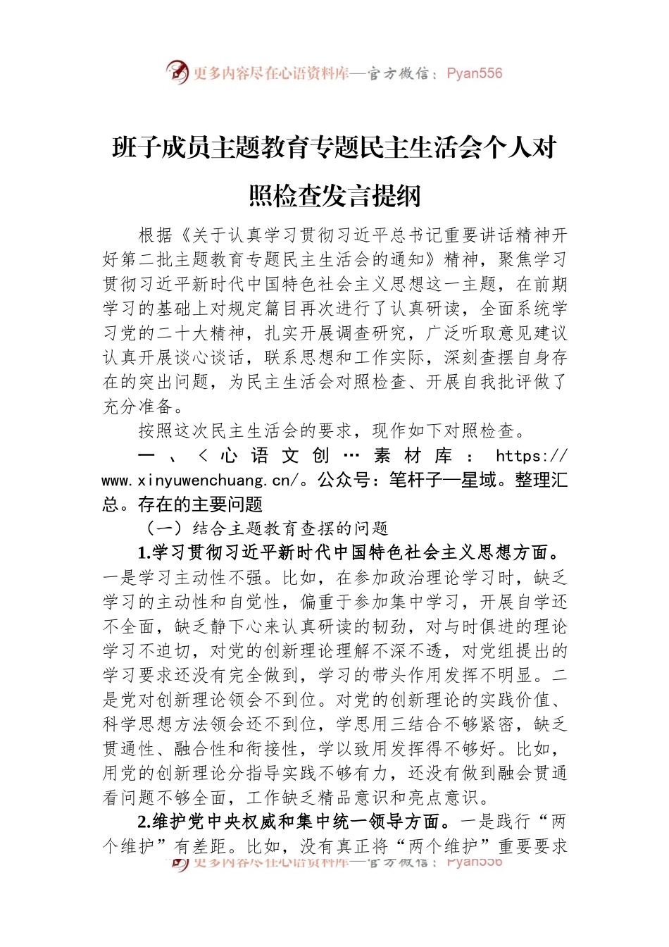 班子成员主题教育专题民主生活会个人对照检查发言稿提纲.docx_第1页