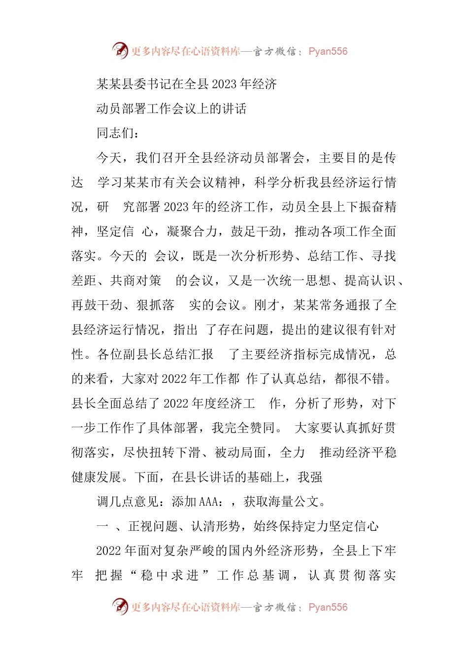某某县委书记在全县2023年经济动员部署工作会议上的讲话.docx_第1页