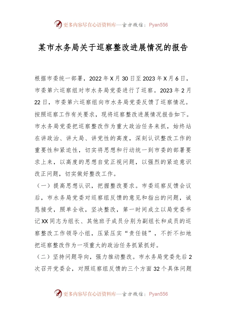 某市水务局关于巡察整改进展情况的报告.docx_第1页