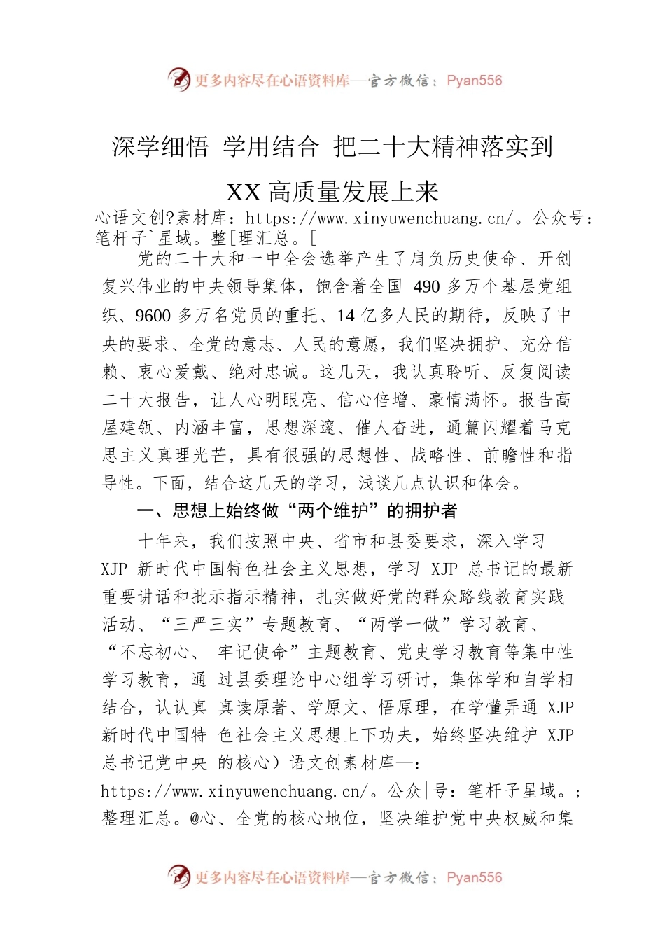 深学细悟 学用结合 把二十大精神落实到XX高质量发展上来.docx_第1页