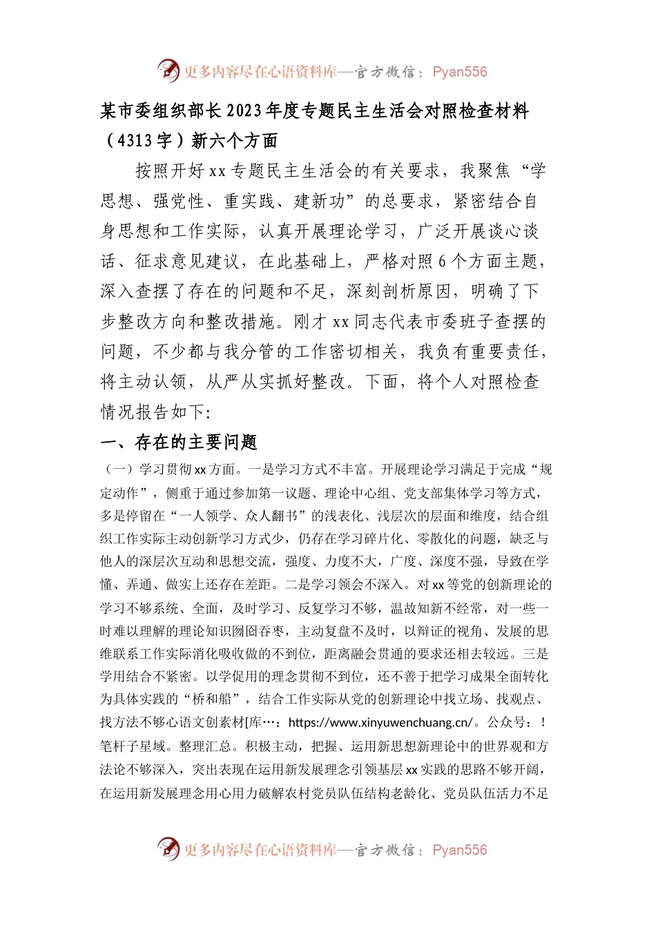 某市委组织部长2023年度专题民主生活会对照检查材料（践行宗旨等6个方面）(1).docx_第1页