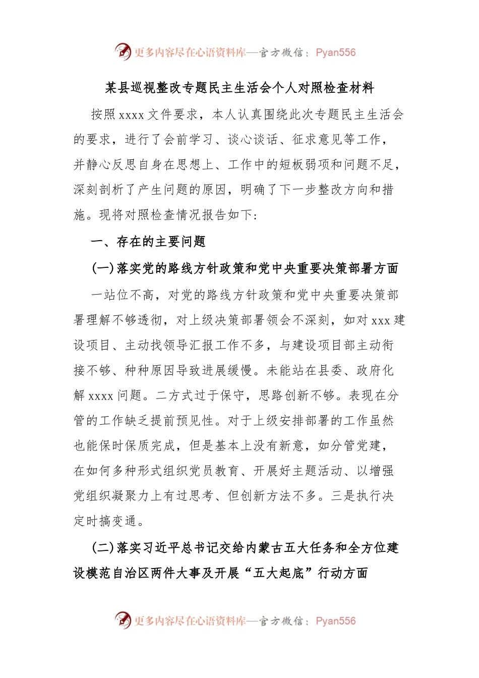 某县巡视整改专题民主生活会个人对照检查材料.docx_第1页