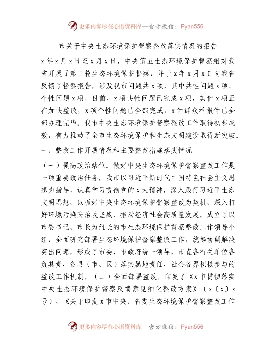 生态环境保护督察整改落实情况报告（市）.docx_第1页