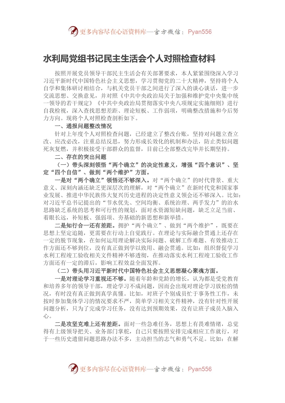 水利局党组书记民主生活会个人对照检查材料.docx_第1页