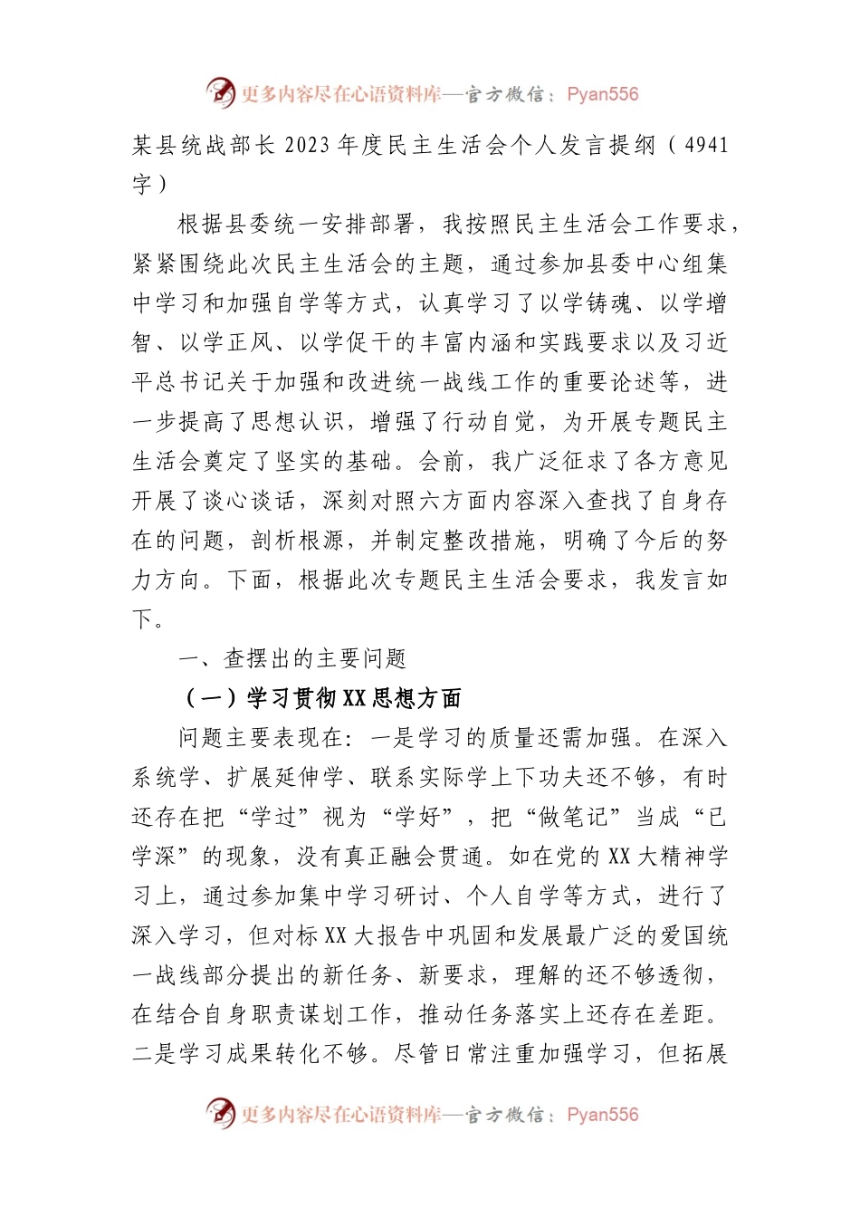 某县统战部长2023年度主题教育民主生活会个人发言提纲（践行宗旨等6个方面）.docx_第1页