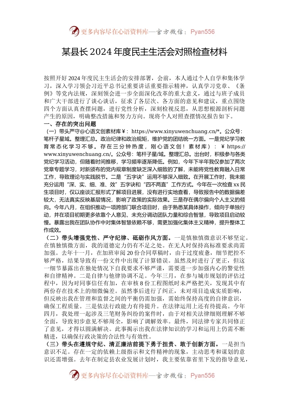 某县长2024年度民主生活会对照检查材料.docx_第1页