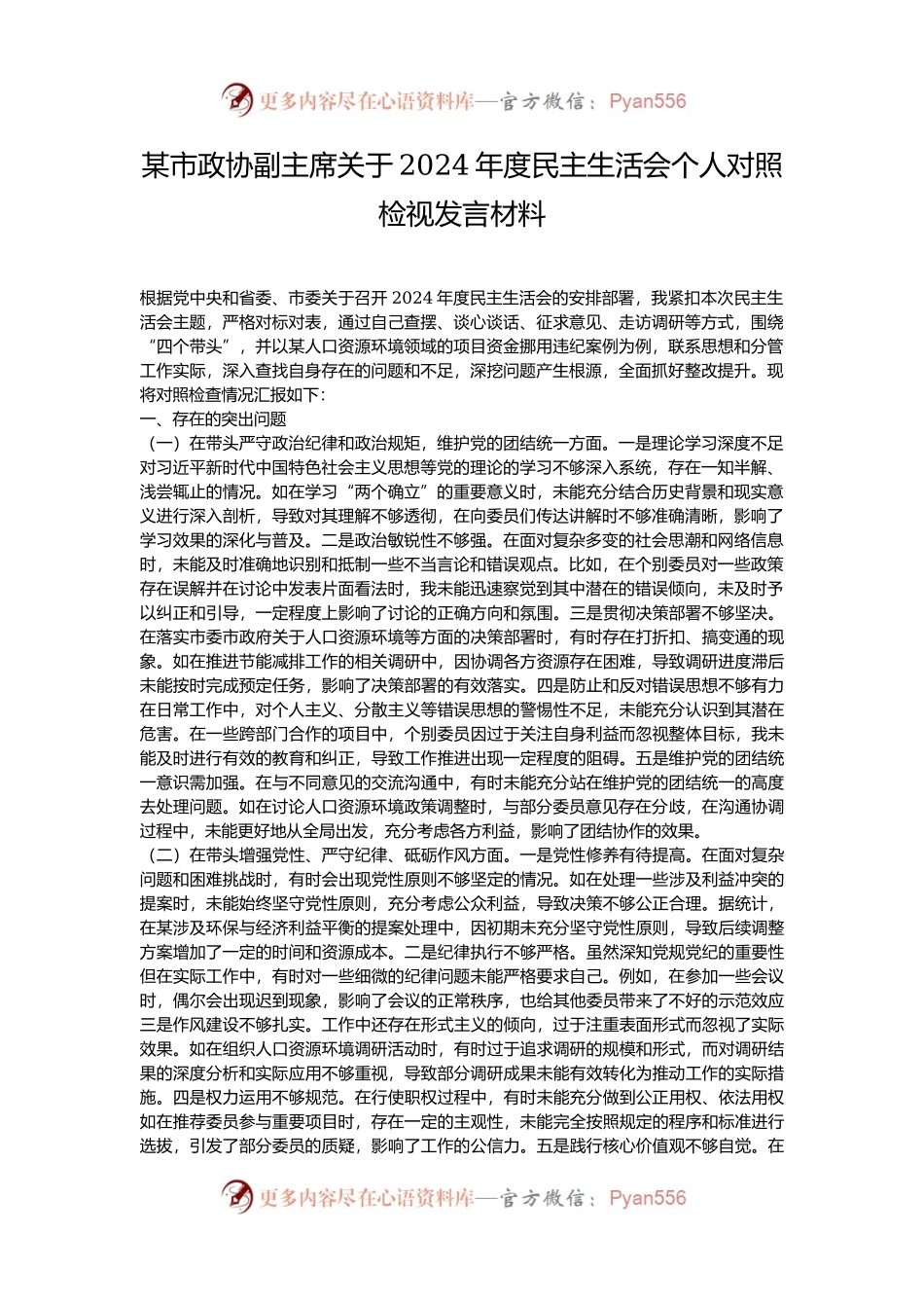 某市政协副主席关于2024年度民主生活会个人对照检视发言材料.docx_第1页