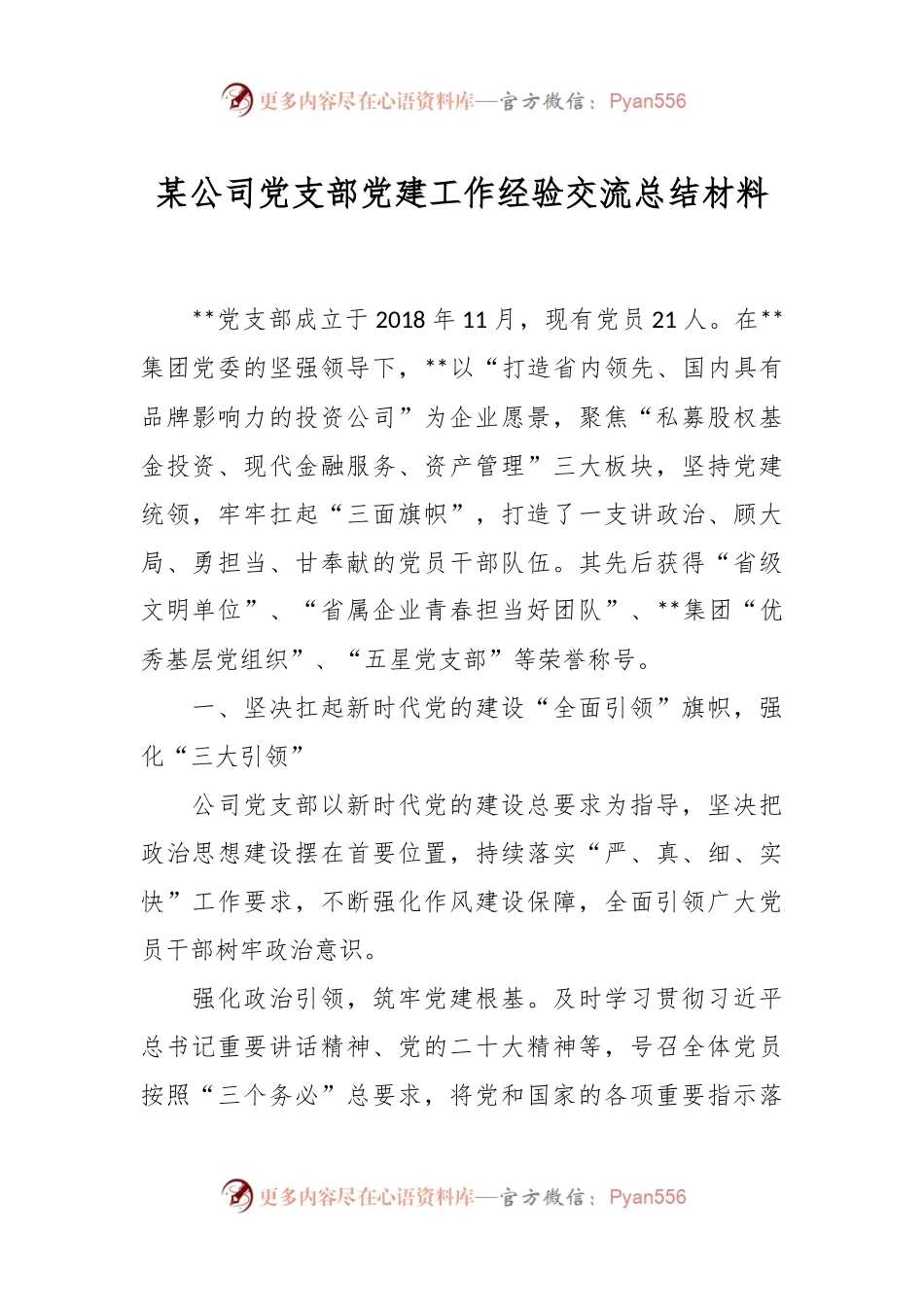 某公司党支部党建工作经验交流总结材料.docx_第1页