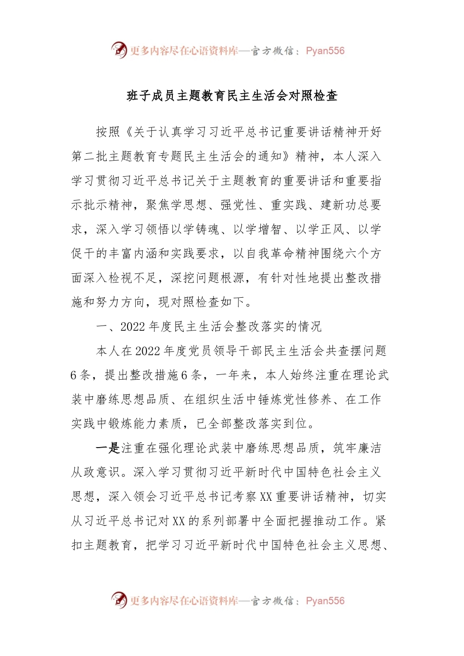 班子成员主题教育民主生活会对照检查.docx_第1页