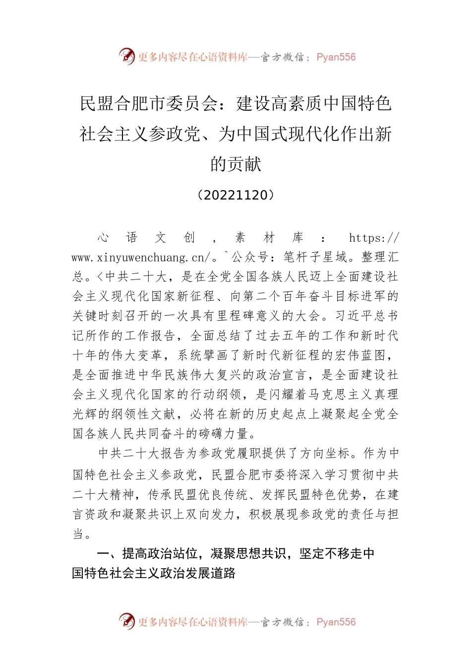 民盟合肥市委员会：建设高素质中国特色社会主义参政党、为中国式现代化作出新的贡献(20221120).docx_第1页