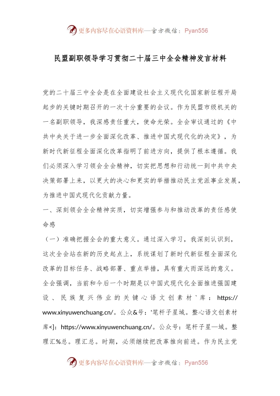 民盟副职领导学习贯彻二十届三中全会精神发言材料.docx_第1页