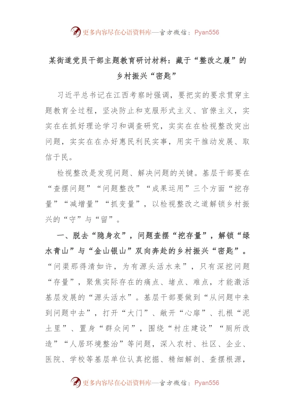 某街道党员干部主题教育研讨材料：藏于“整改之履”的乡村振兴“密匙”.docx_第1页