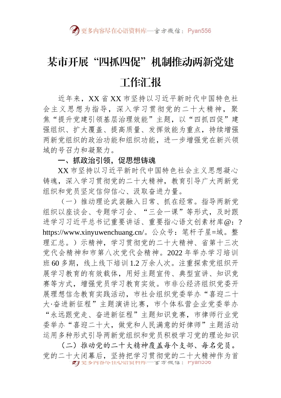 某市开展“四抓四促”机制推动两新党建工作汇报.docx_第1页