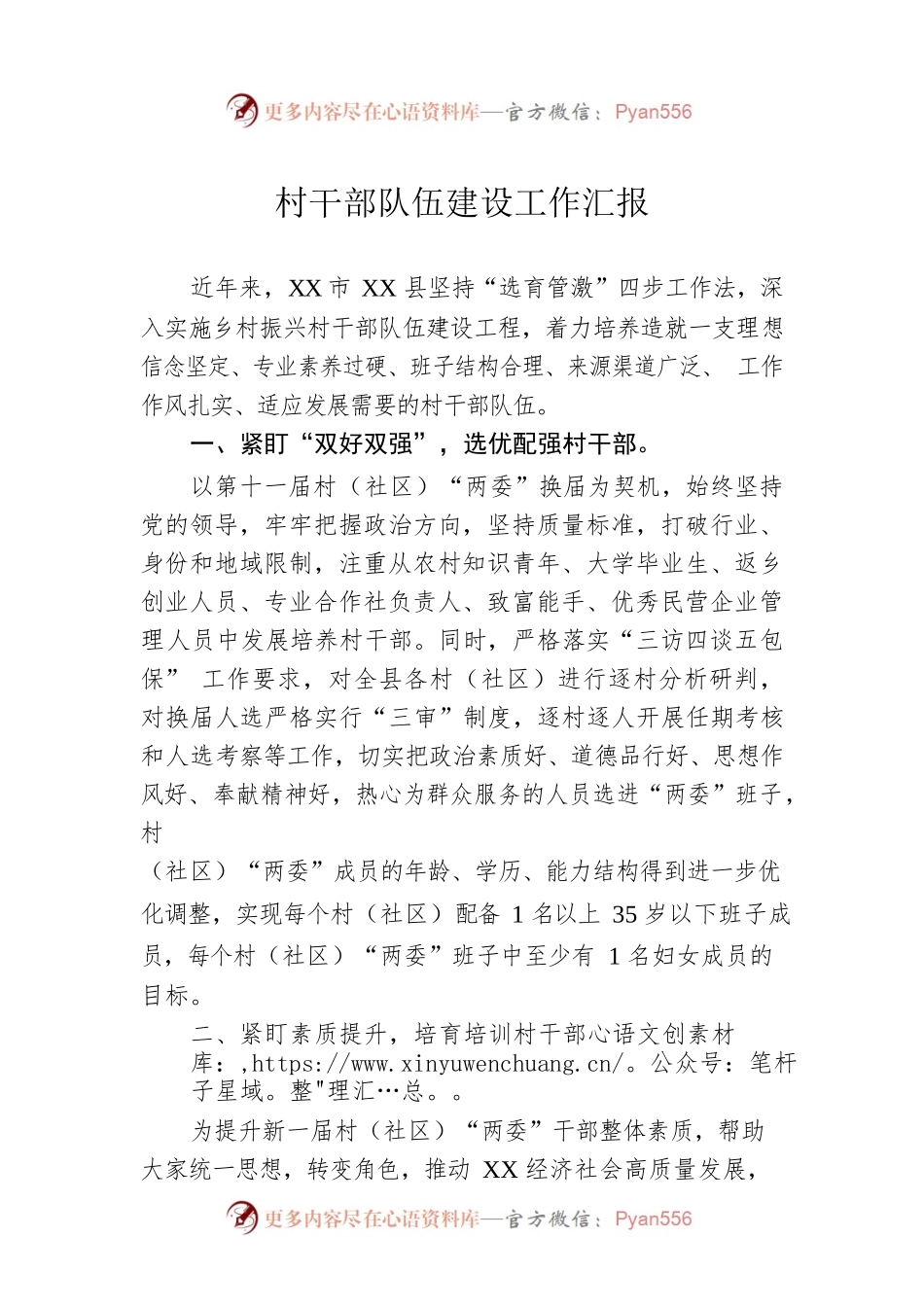 村干部队伍建设工作汇报.docx_第1页