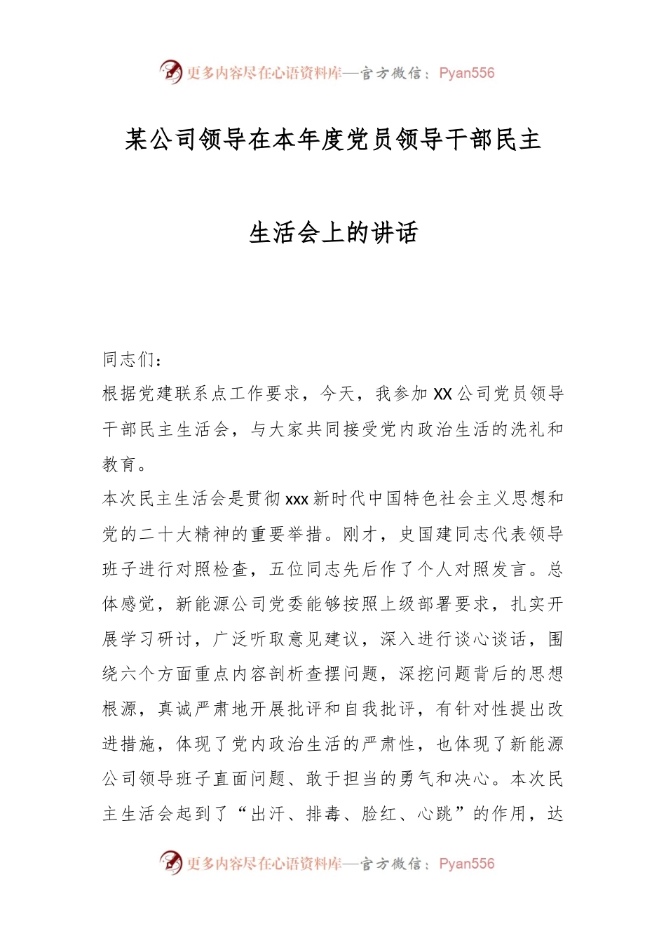 某公司领导在本年度党员领导干部民主生活会上的讲话.docx_第1页