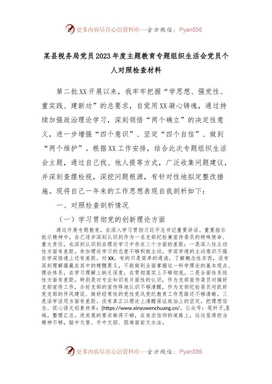 某县税务局党员2023年度主题教育专题组织生活会党员个人对照检查材料.docx_第1页