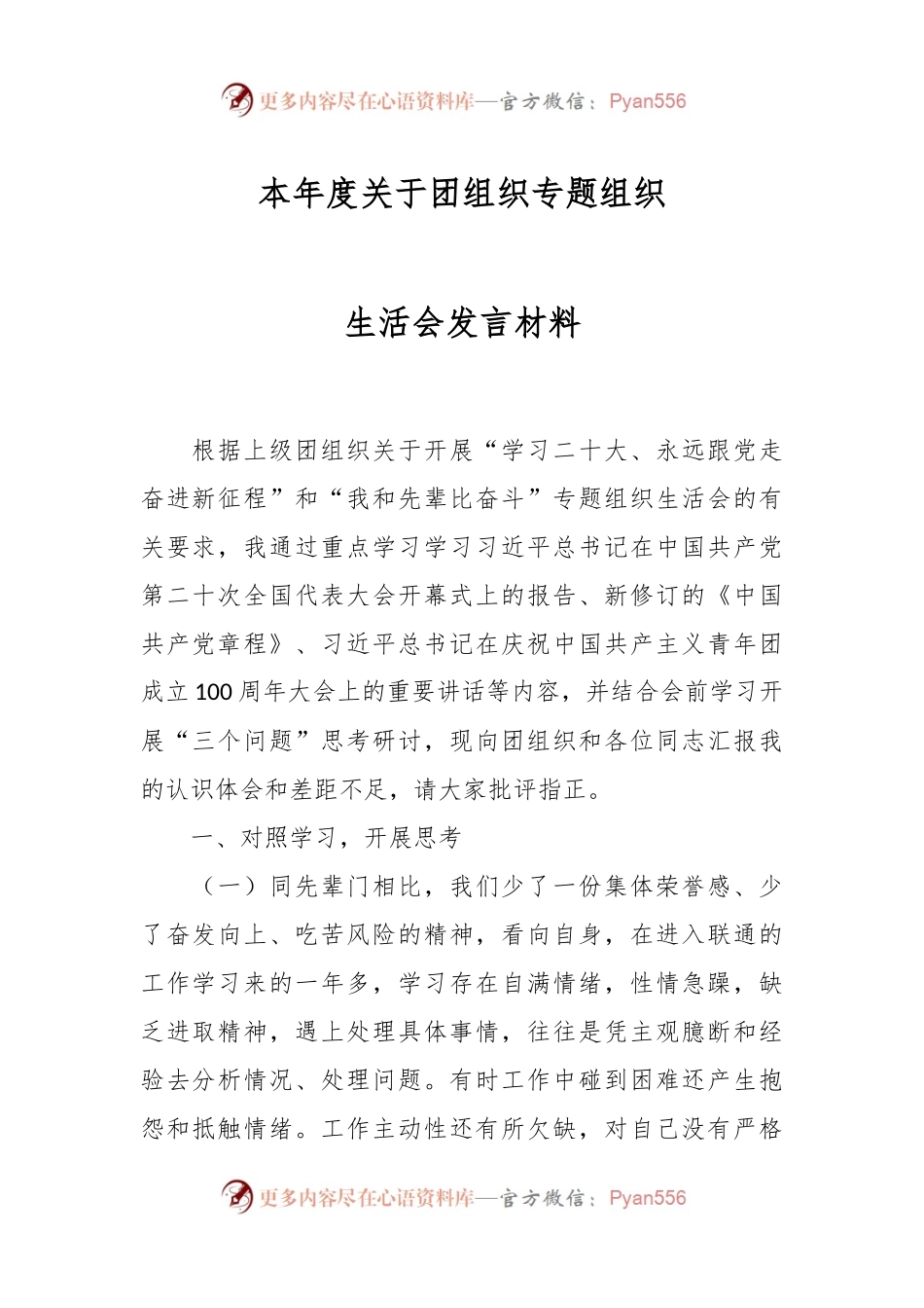 本年度关于团组织专题组织生活会发言材料.docx_第1页