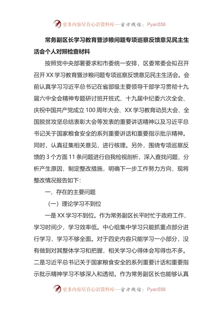 涉粮问题专项巡察反馈意见民主生活会个人对照检查材料.docx_第1页