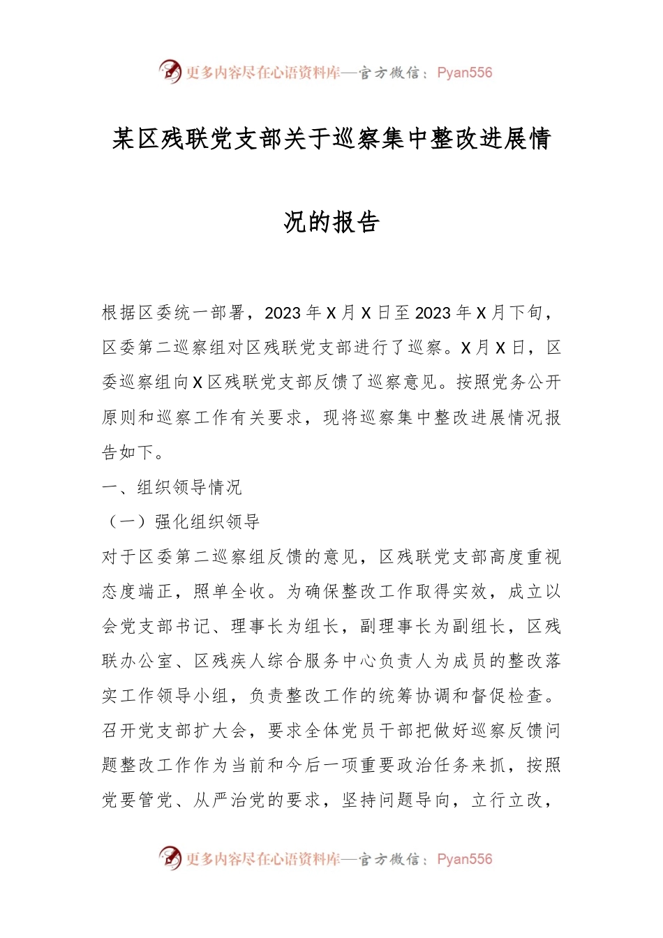 某区残联党支部关于巡察集中整改进展情况的报告.docx_第1页