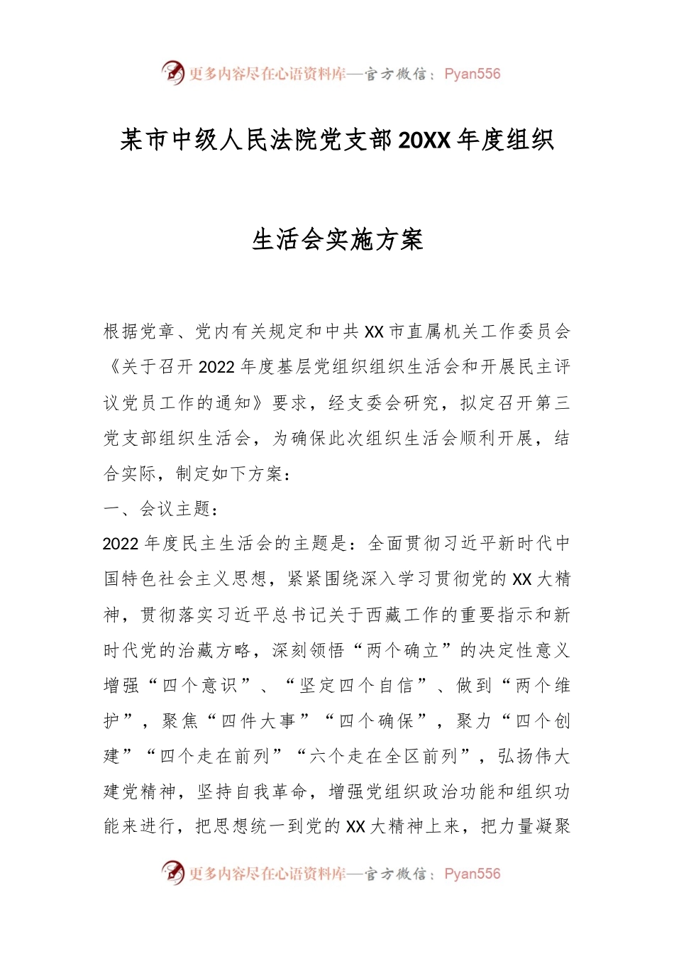 某市中级人民法院党支部20XX年度组织生活会实施方案.docx_第1页