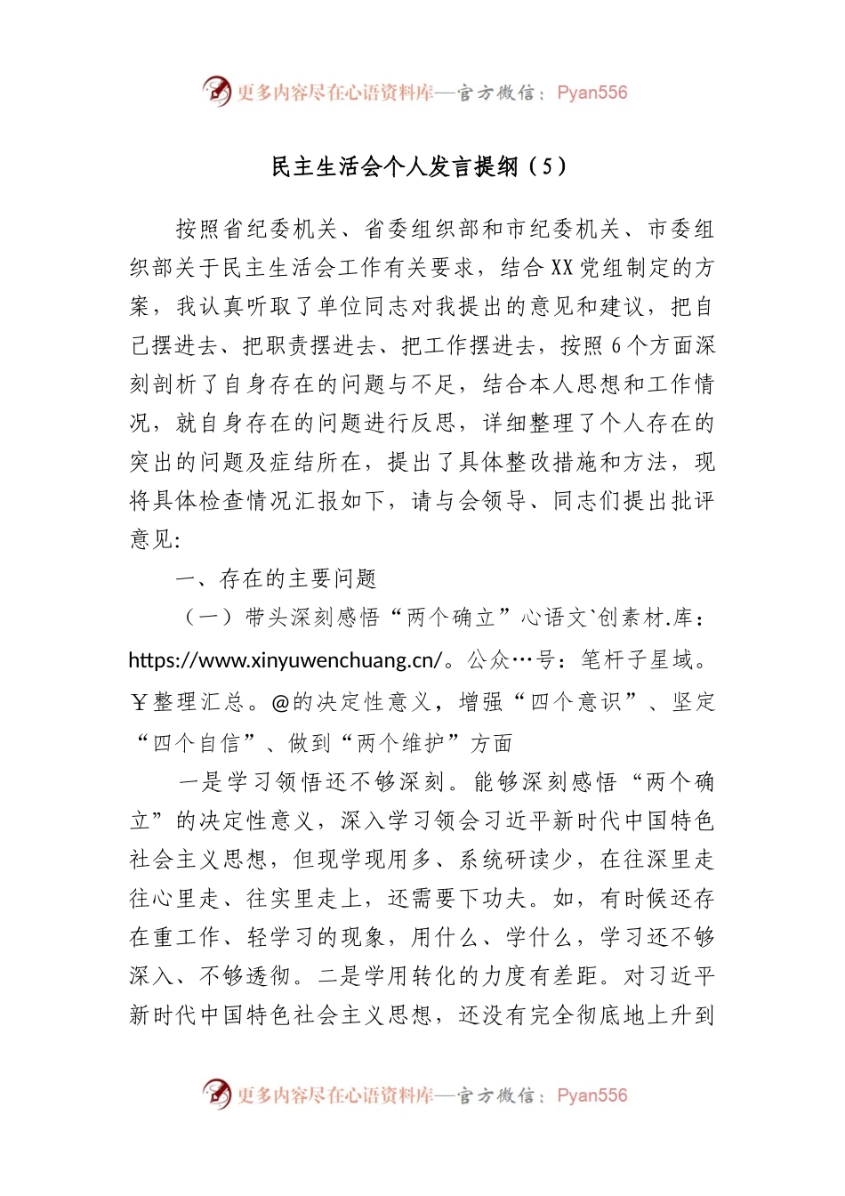民主生活会个人发言提纲（5）(1).docx_第1页