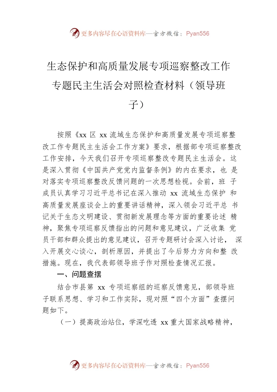 生态保护和高质量发展专项巡察整改工作专题民主生活会对照检查材料（领导班子）.docx_第1页